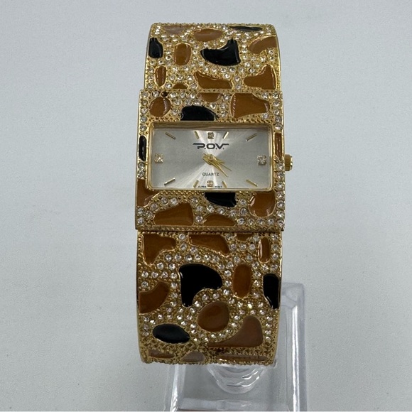 P.O.V. Gold Tone Animal Print Safari Bangle Watch Spring Hinge Closure Works - Picture 1 of 8